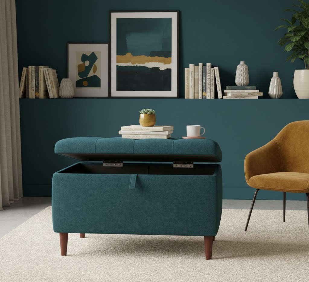 Vintage storage ottoman in deep teal